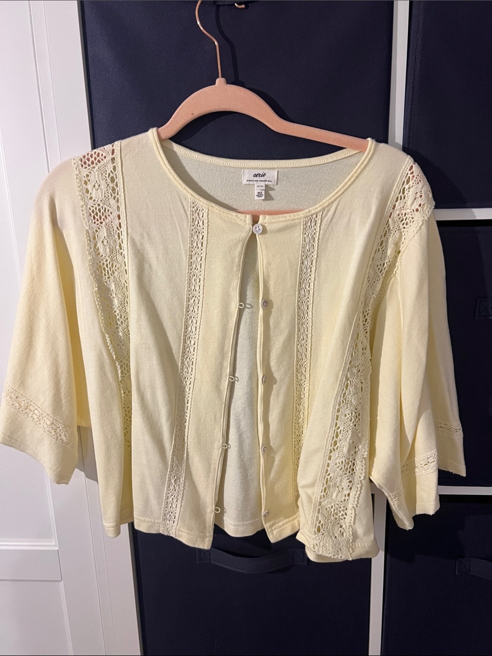 aerie Pale Yellow Crochet-Trim Button-Front Cardigan